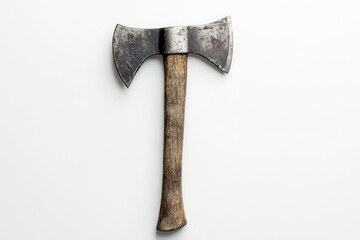 A weathered double-headed axe with a wooden handle