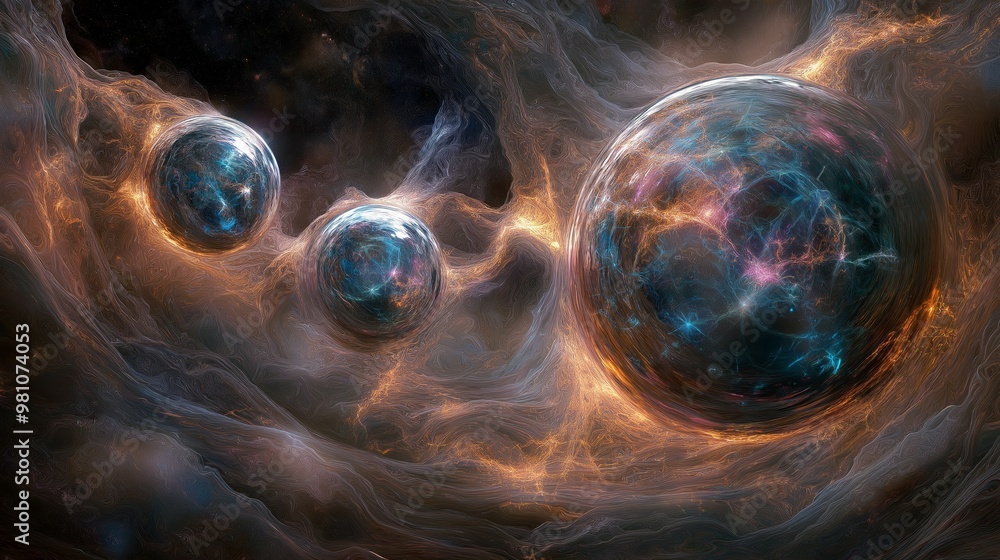 Poster exploration of multiverse theory showing floating earths connected by glowing energy lines in a cosm
