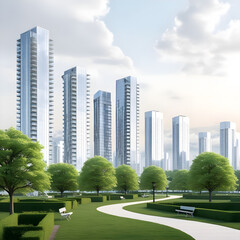 Obraz premium A cityscape with buildings and a green park 