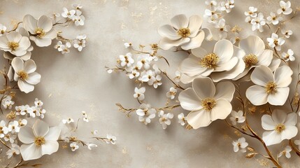 Vintage 3D Wallpaper with White Flowers and Golden Elements on a Beige Background -- AI generated illustration
