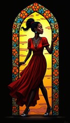 A striking illustration of a woman in a vibrant red dress against a stained glass window, symbolizing elegance and beauty. Perfect for fashion, art, and lifestyle themes.