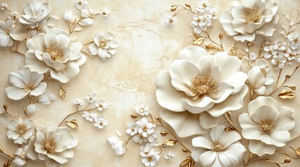 Vintage 3D Wallpaper with White Flowers and Golden Elements on a Beige Background -- AI generated illustration