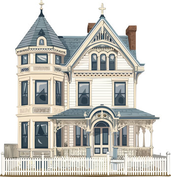 Elegant Victorian house with intricate architectural details and a picket fence, flat, vector illustration, Sketch.