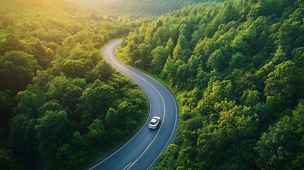 A winding road through lush green forests at sunset, showcasing nature's beauty and tranquility.