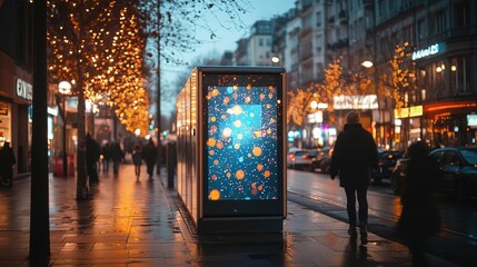 Obraz premium A vibrant city street adorned with holiday lights and a glowing advertisement booth, capturing the festive ambiance at dusk.