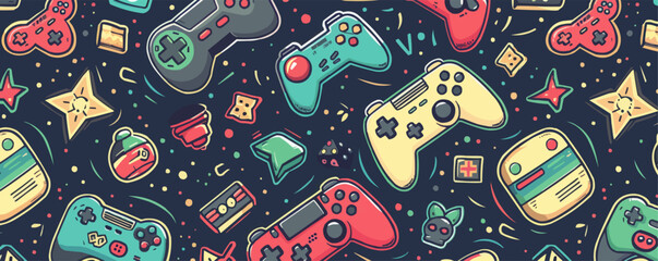 Retro gaming icons seamless pattern background, nostalgic video game controllers and symbols, vector pattern.