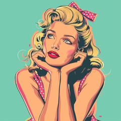 Obraz premium Retro pin-up style portrait with playful poses and vibrant colors, flat portrait, vector illustration.