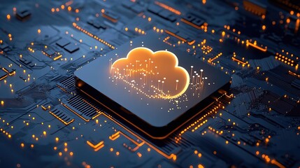 A digital cloud symbol glowing on a circuit board, representing modern technology and data storage innovations.