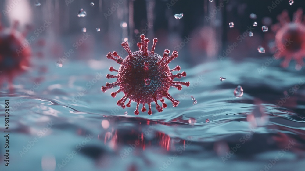 Poster a virus particle floating in a fluid environment, surrounded by tiny droplets, symbolizing viral spr