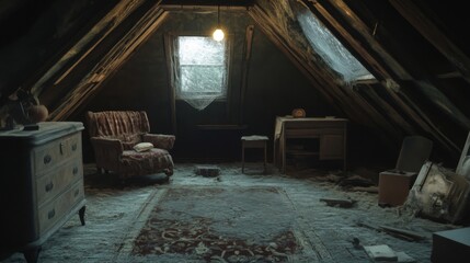 Fototapeta premium A Dusty and Abandoned Attic with Furniture and a Window