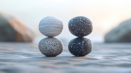 A tranquil composition of balanced stones, symbolizing harmony and stability in nature with soft lighting and calming tones.