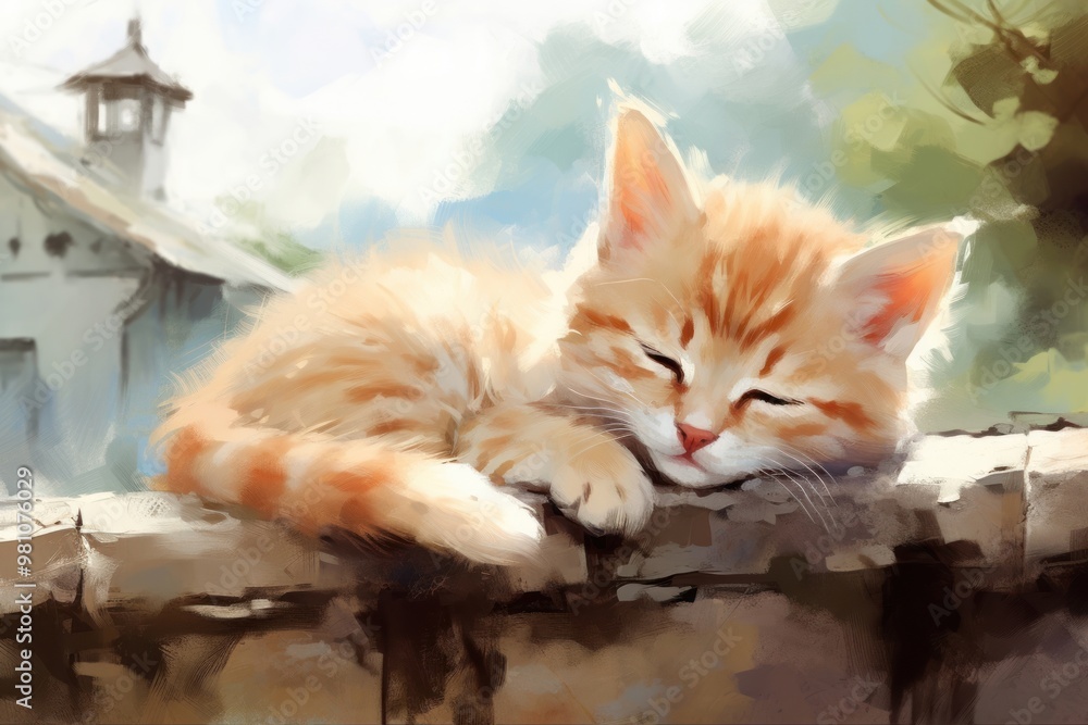 Poster Cute baby kitten sleeping outdoors drawing.