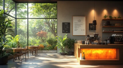 Fototapeta premium Modern Cafe Interior with Bright Lighting Ideal for Food and Beverage Promotions