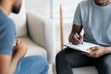 Mental health professional taking notes during a therapy session with a young man