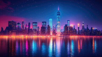 Fototapeta premium Modern City Skyline at Night with Copy Space for Business and Marketing Use