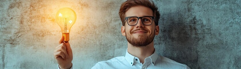 Obraz premium A cheerful man holds a glowing light bulb, symbolizing innovation and creative ideas against a textured wall background.