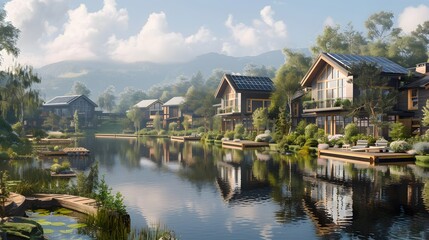 Fototapeta premium Illustration of A tranquil lakeside community with solar-powered homes, organic gardens, and local shops promoting eco-friendly products, with a community board showcasing carbon credit achievements. 