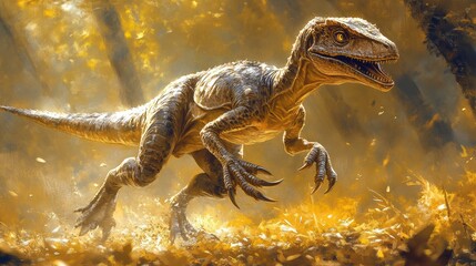 Panoramic illustration of a Velociraptor its sleek form and sharp claws evoking a sense of wonder and excitement