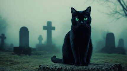 Black Cat with Green Eyes Sitting in Front of Gravestones in a Foggy Cemetery
