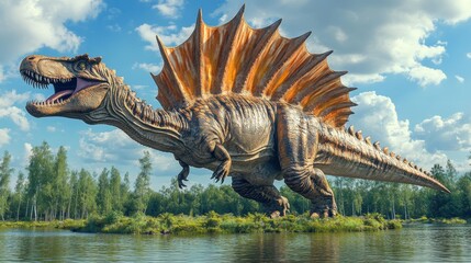 Widescreen 3D render of a Spinosaurus its massive size and distinctive sail-like structure inspiring awe in young minds