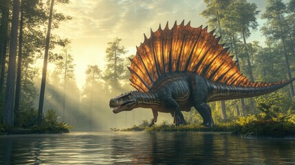 Widescreen 3D render of a Spinosaurus its massive size and distinctive sail-like structure inspiring awe in young minds