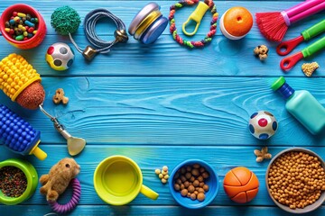 Obraz premium Colorful pet supplies arranged artfully on a bright blue background, featuring a dry food bowl, feeding bottle, and assorted toys, perfect for a pet-themed poster.