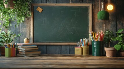 A cozy classroom setting featuring a chalkboard, colorful pencils, books, and plants creating an inspiring learning environment.