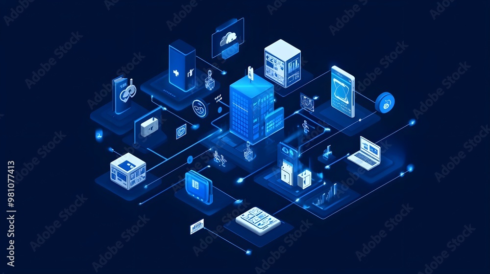 Poster a digital network illustration showcasing interconnected devices and cloud computing technology in a