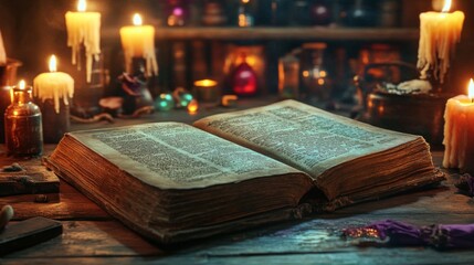 Open Antique Book with Candles and Potions in a Mystical Setting