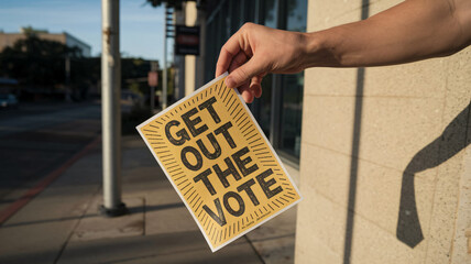Get out vote flyer held in hand, promoting civic engagement and participation in elections. bright design encourages action and awareness in community