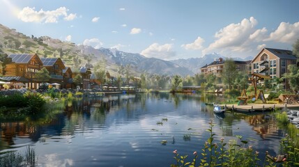Fototapeta premium Illustration of A tranquil lakeside community with solar-powered homes, organic gardens, and local shops promoting eco-friendly products, with a community board showcasing carbon credit achievements. 
