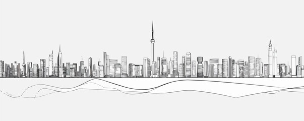 The skyline is drawn with one continuous line on a white background. vector illustration