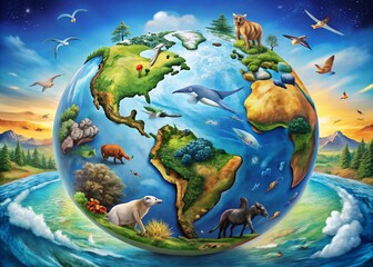 Naklejka premium Vibrant globe illustration featuring seven continents, majestic mountains, vast oceans, and majestic wildlife,