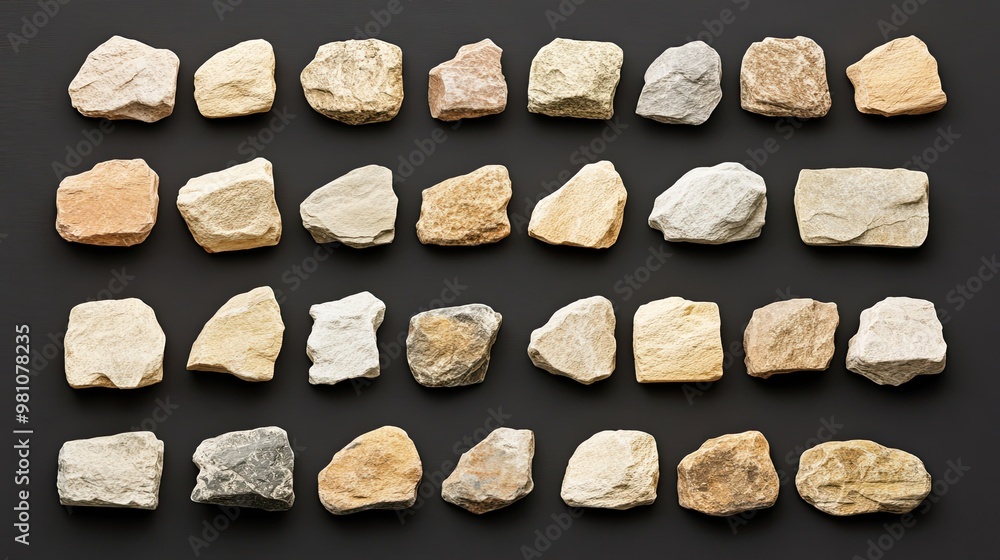 Poster nine distinct square rocks exhibit intricate textures and contrasting shadows against a dark gray ba