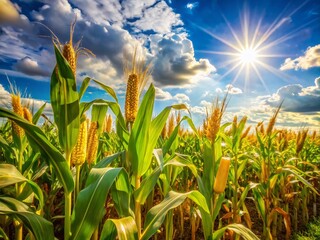 Vibrant golden ears of corn sway gently in a sun-kissed field, surrounded by lush green stalks and a