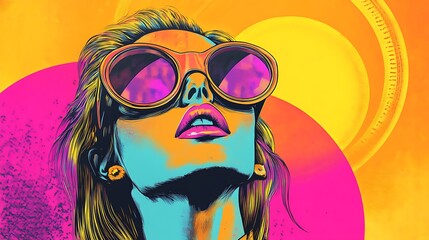 A vibrant, stylized portrait of a woman wearing oversized sunglasses against a colorful background.