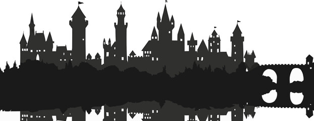 Obraz premium Medieval castle, drawbridge and towers, historical fortification, vector illustration, black silhouette, flat style.
