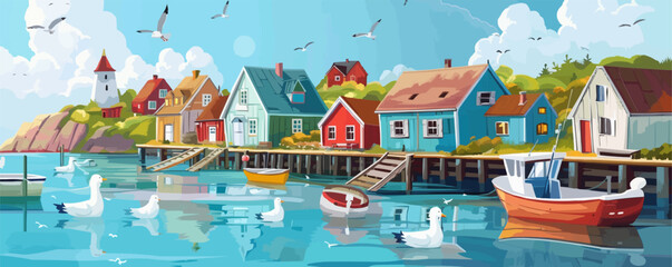 A painting of a small town with houses and boats on a lake. The mood of the painting is peaceful and serene