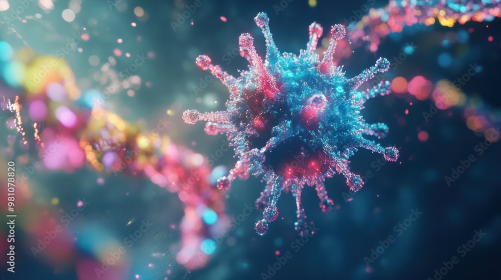 Poster a visual representation of a virus particle mutating, with colorful genetic strands and spikes.