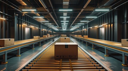 Modern Delivery Logistics Warehouse with Working Automated Conveyor Belt with Retail Parcels, Cardboard Boxes and Online Shopping Orders Being Prepared for Shipping.