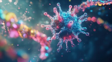 A visual representation of a virus particle mutating, with colorful genetic strands and spikes.