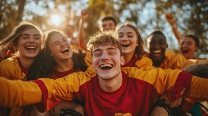 Widescreen shot of a person with an intellectual disability leading a sports team to victory, their teammates embracing them in a joyful celebration of their shared accomplishment