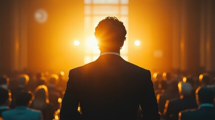 Horizontal composition highlighting the confident and composed demeanor of a person with a physical difference as they address a room of executives, their expertise and professionalism on full display