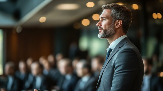Horizontal composition highlighting the confident and composed demeanor of a person with a physical difference as they address a room of executives, their expertise and professionalism on full display