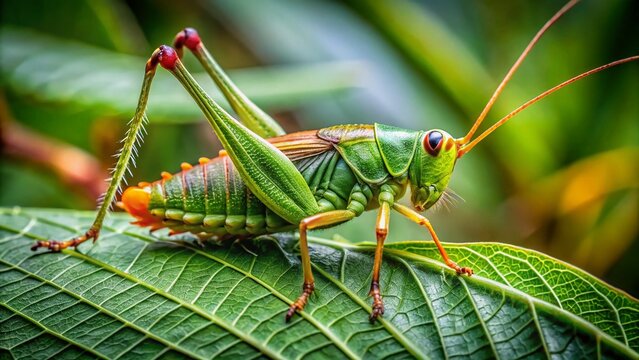 Vibrant green Acheta domesticus cricket perches on a lush leaf, its delicate wings folded, showcasing its intricate