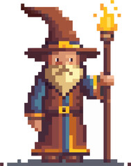 Obraz premium Pixelated wizard icon pixel art on white isolated background, vector design.