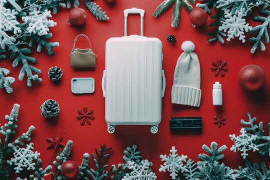 Capture the winter vacation essentials in a flat lay on a red background. Include items like a beanie, suitcase, snowflakes, and festive decorations for a cozy and memorable holiday getaway