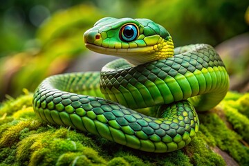 Fototapeta premium Vibrant green boomslang snake coils on a moss-covered rock, its large eyes and distinctive head shape making it
