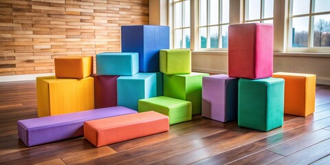 Assorted vibrant yoga blocks in various colors and sizes stacked neatly on a wooden floor, creating a visually appealing and organized display.