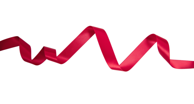 Red ribbon curly isolated on white, transparent, satin festive christmas present decoration